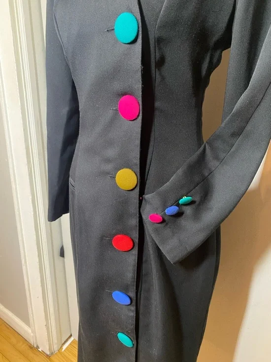 Susan Bennet vintage Black Sheath Dress with Multicolor Accent Buttons - Picture 2 of 3